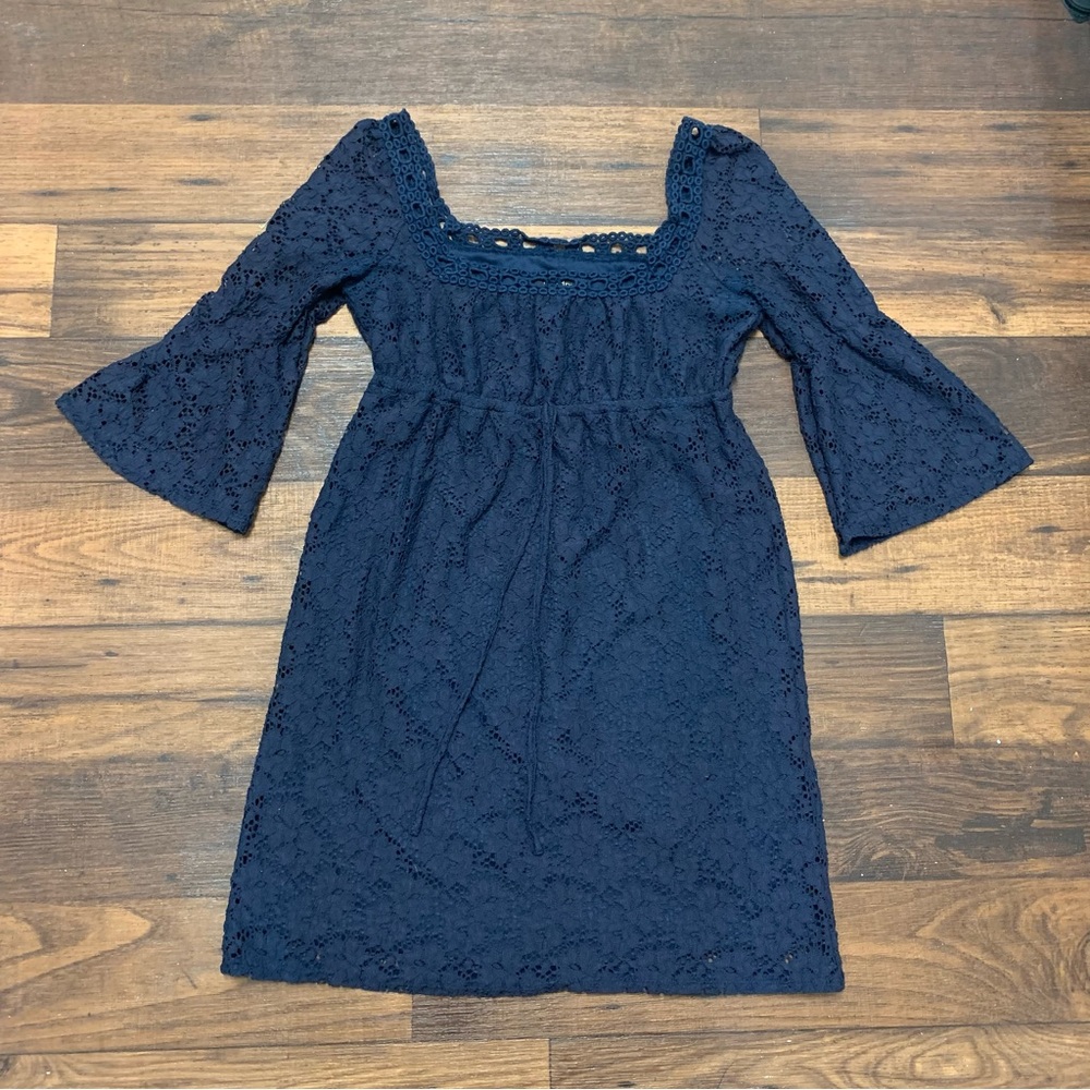 LAUNDRY by Shelli Segal Lined Lace Dress Empire Waist Navy Blue S Bell Sleeve